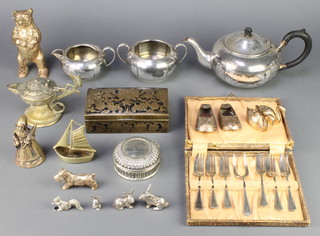 A silver plated 3 piece tea set and, minor plated items and metalware 