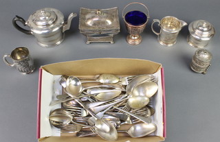 A rectangular silver plated tea caddy, a ditto Art Deco 3 piece tea set and minor cutlery 