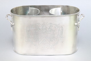 A  plated 2 bottle wine cooler with twin handles and armorial decoration 11 1/2" 