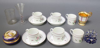A 19th Century Austrian set of 6 coffee cans and 4 saucers decorated with roses, a flash glass salt, a wine, a cabinet cup and a lidded box 