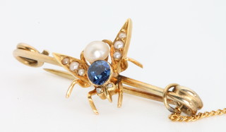 A Victorian gold bug brooch set with sapphire and pearls