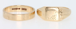 A 9ct yellow gold wedding band and a ditto signet ring, size K and L, 14 grams 