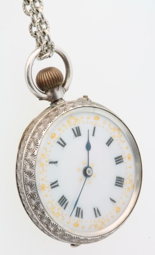 An Edwardian silver cased fob watch on a ditto chain 