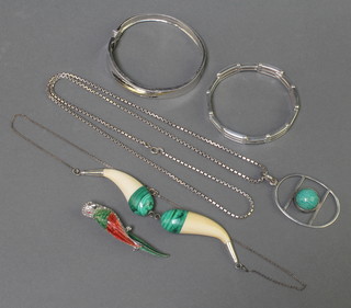 A Danish silver open pendant and chain, 2 ditto bracelets, an ivory and malachite necklace and a paste set enamelled silver parrot brooch