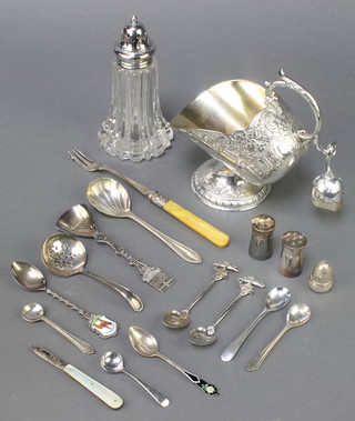 A silver plated sugar scuttle and shovel and minor items