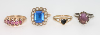 Three 9ct gold gem set rings, sizes L, N, O and a silver ditto 