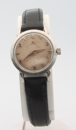 A lady's Omega steel cased small wristwatch with leather strap 