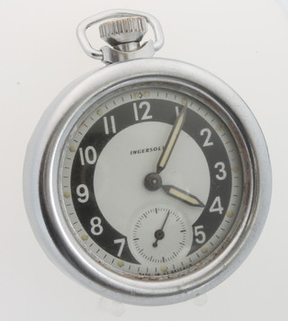 An Ingersoll chromium cased pocket watch with seconds at 6 o'clock in a protective case, a ditto without other case