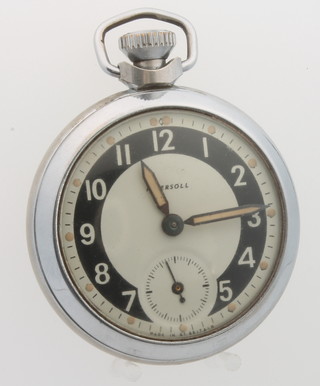 A gentleman's chrome cased Ingersoll pocket watch with seconds at 6 o'clock in a protective case, 1 other without case