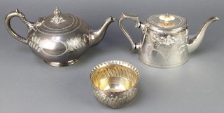 A Victorian silver plated melon shaped teapot, 1 other and a sugar bowl  