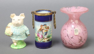 A Beswick Beatrix Potter  figure Little Pig Robinson 4", a gilt metal mounted French cylinder vase with fete galant view 4" and a Mdina pink glass vase 4" 