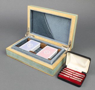 A set of 4 silver engine turned bridge propelling pencils together with a faux shagreen box containing a 2 sets of wrapped playing cards 