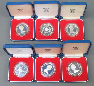 Six 25 pence piece proof silver coins, each 28 grams, boxed 