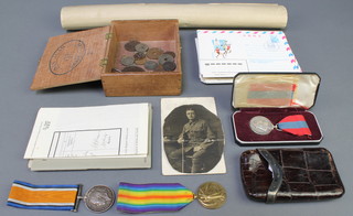 A World War I pair to 34784 Pte.W.Travers D.of.Corn.L.I. together with an 1897 school attendance medallion, birth certificate, marriage certificate and death certificate, with 2 photographs and discharge paper, together with an Imperial Service medal to Hubert John Tebboth, minor coins etc