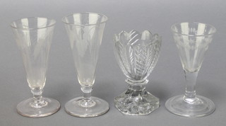 A pair of 19th Century etched tapered glasses 5", a ditto tot 4" and a faceted ditto 4" 