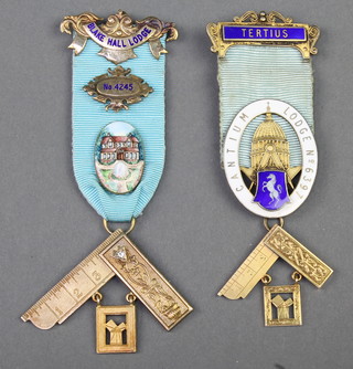 A Masonic Past Masters silver and enamelled jewel with a 9ct gold square together with a silver gilt and enamelled jewel set Past Master's jewel Blakehall Lodge 4245