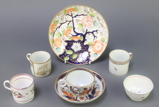 A 19th Century tea cup and saucer decorated tobacco leaves, a ditto plate 8", 3 18th Century coffee cans and a tea bowl 