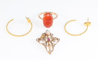 A 9ct yellow gold hardstone ring, size L, an Edwardian gem set pendant and a pair of 9ct yellow gold half hoop earrings