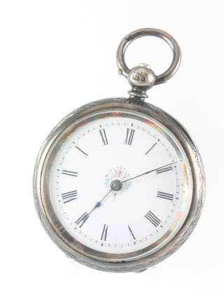 A lady's silver cased fob watch with chased decoration 
