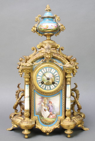 A 19th Century 8 day striking mantel clock contained in a gilt spelter and porcelain case, the dial with Roman numerals marked John Bennett 54 and 65 Cheapside 