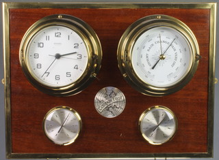 Staiger West German, a ships style clock and ditto barometer, thermometer and hygrometer  mounted on a mahogany and brass mounted board 14" x 18 1/2" 
