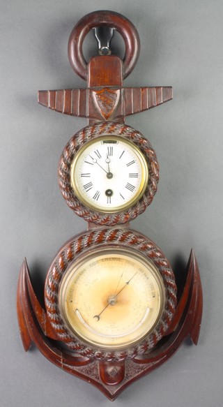 A Victorian timepiece barometer the 3 1/2" circular enamelled dial with Roman numerals above a barometer and thermometer with paper dial, all contained in a carved mahogany case in the form of an anchor 