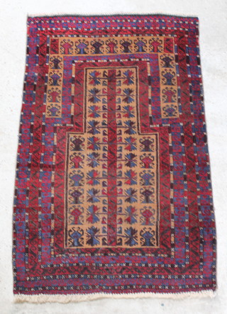 A red and brown ground Belouch prayer rug 58" x 34 1/2" 