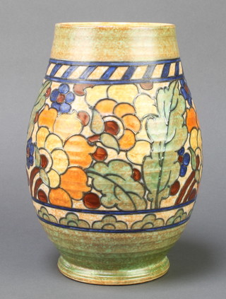 A Crown Ducal Charlotte Rhead baluster vase, the green orange ground with a wide band of flowers and leaves with printed signature and marks to base 9" 