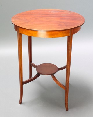 An Edwardian circular inlaid mahogany 2 tier occasional table with undertier on out swept supports 28"h x 22" diam. 