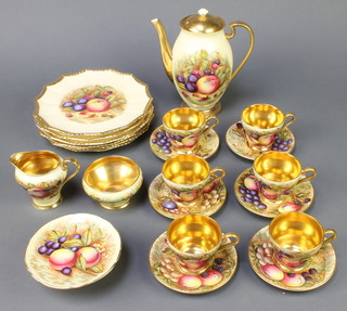 An Aynsley gilt tea set with fruit decoration comprising teapot, cream jug, sugar bowl, 6 tea cups, 6 saucers and a small tazza and 6 dinner plates decorated by N Brunt & D Jones 