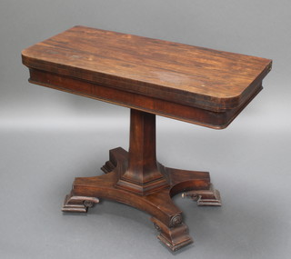 A William IV rosewood D shaped card table, raised on chamfered column and triform base 28 1/2"h x 36"w x 18"d 