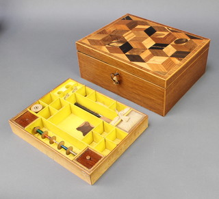 A Victorian mahogany and parquetry sewing box with hinged lid, the interior fitted a tray 5"h x 12"w x 10"d