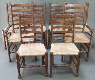 A set of 8 oak Lancashire dining chairs with woven rush seats, raised on turned supports (2 carvers) 