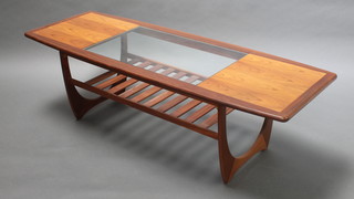 A G Plan 1960's rectangular teak coffee table with plate glass top, the base with slatted undertier 17 1/2"h x 72"w x 21"d 