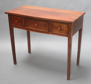 A 19th Century mahogany side table fitted 3 short drawers with brass escutcheons and handles, raised on square tapered supports 30"h x 76"w x 18 1/2"d 