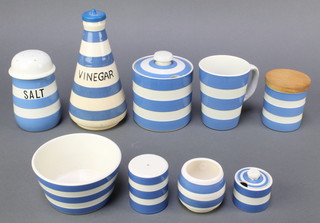 A T G Green & Co blue and white striped Cornish kitchen ware salt sifter base with green shield mark 5".   Ditto circular bowl 4", preserve jar 4", jar and cover 3", salt 2", mustard pot 1" and mug 4" with black circular T G Green mark and a white Staffordshire Chef's Ware salt bottle 7", circular jar 2" 
