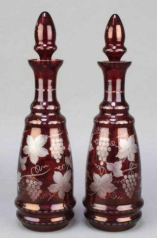 2 similar Bohemian etched overlay club shaped decanters and stoppers 14" 