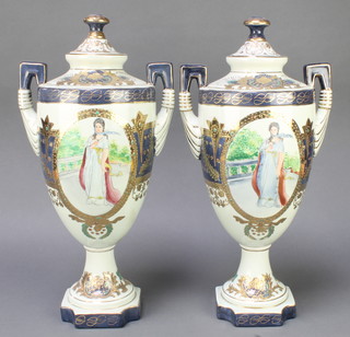 A pair of modern classical style urns and covers decorated with panels of ladies 18" 