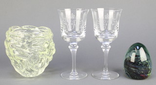 A pair of Whitefriars goblets to commemorate the Queen's Silver Jubilee, a Mdina green glass paperweight 3" and an Art Glass  vase 5" 