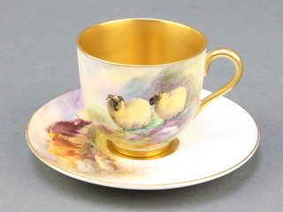 A Royal Worcester cabinet cup and saucer with purple Worcester mark and 1 dot, the cup painted sheep an incised E Braker together with a similar saucer decorated highland cattle by Stinton (cup is cracked) 