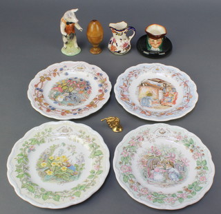 A Royal Doulton "pipe" rest in the form of Old Charlie base marked Royal Doulton A 2 1/2", a Beswick figure of a standing pig 6" (second), a Masons Mandalay pattern jug 3 1/2" and 4 Royal Doulton Jill Barklem plates - Summer, Autumn, Spring and Winter