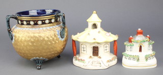 A Royal Doulton 3 handled cauldron shaped jardiniere 5", 2 Staffordshire pastel burners in the form of houses 5" and 4" 