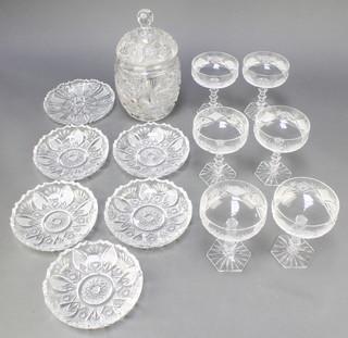 A set of 6 cut glass champagne saucers, 6 cut glass saucers and a jar and cover