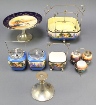 A 1930's pottery blue glazed bowl with silver plated mount 8", 2 ditto preserve jars 3 1/2", 2 ditto sugar bowls, Continental condiment set and a plate decorated a Nomad 
