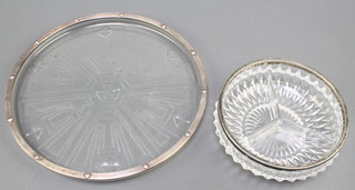 An Art Deco circular etched glass platter with plated mount 12" and a pressed glass 3 division dish with plated mounts 3" 
