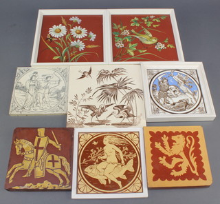 A Minton & Co tile decorated a rampant lion 6" x 6", some chips to corner, ditto Mermaid 6" x 6" and other tiles

