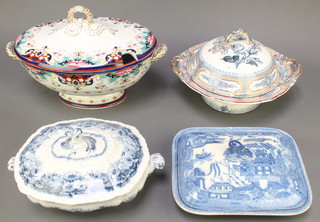 A Victorian oval twin handled Derby style tureen and cover 10", a blue and white twin handled tureen and cover decorated roses 12" (cracked), a Royal semi-porcelain twin handled tureen and cover 11" and a shallow Willow pattern tureen and cover 10" (cracked) 