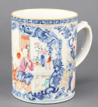 An 18th Century Chinese famille rose export mug decorated with a family on a pavilion terrace with vignettes of flowers 5" 