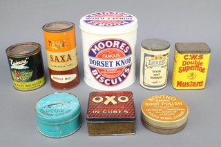 A tin of Novino brown boot polish, a tin of Saxa salt, tin of Epicure molasses and other household tins 