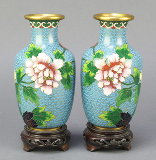 A pair of turquoise ground and floral patterned Japanese cloisonne enamelled vases of club form 6" 
